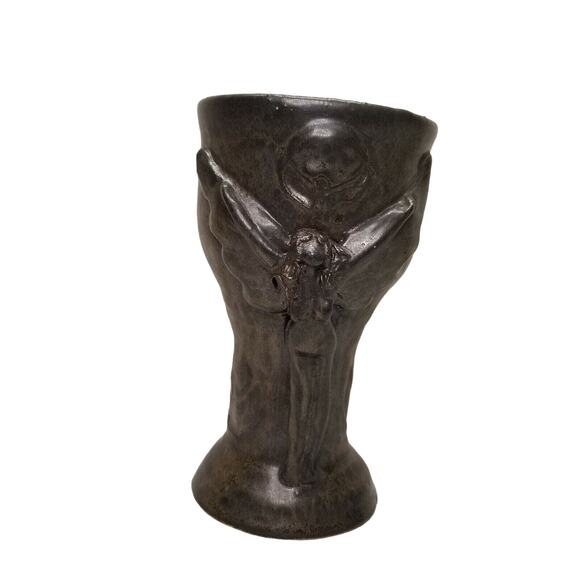 Black Embossed Goblet/Challis Fairy Pottery 6" Tall Very Detailed